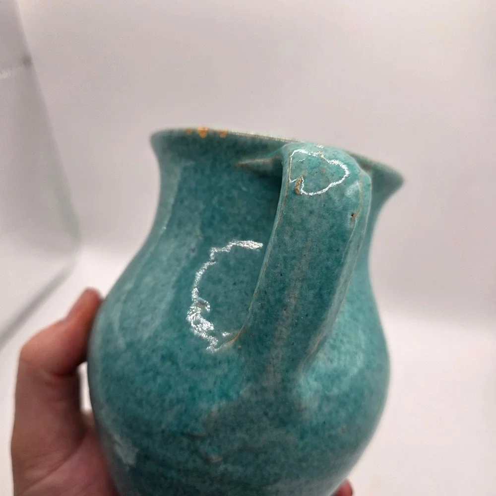 Vintage Monmouth Pottery Turquoise Double Handle Vase Aqua Art Pottery USA